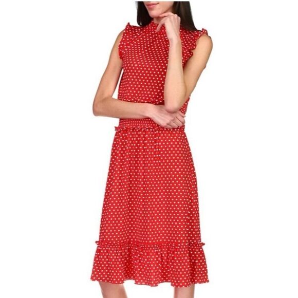 Michael Kors Red White Polka Dot Smocked Waist Midi Dress Size L New - Picture 1 of 10